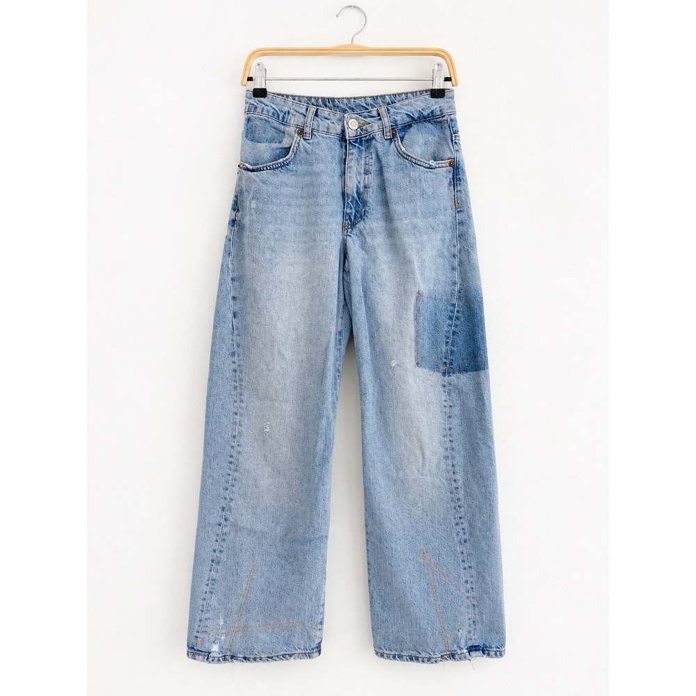 Zara Light Blue Patchwork Barrel Wide Leg Jeans Size 2 High Rise Distressed